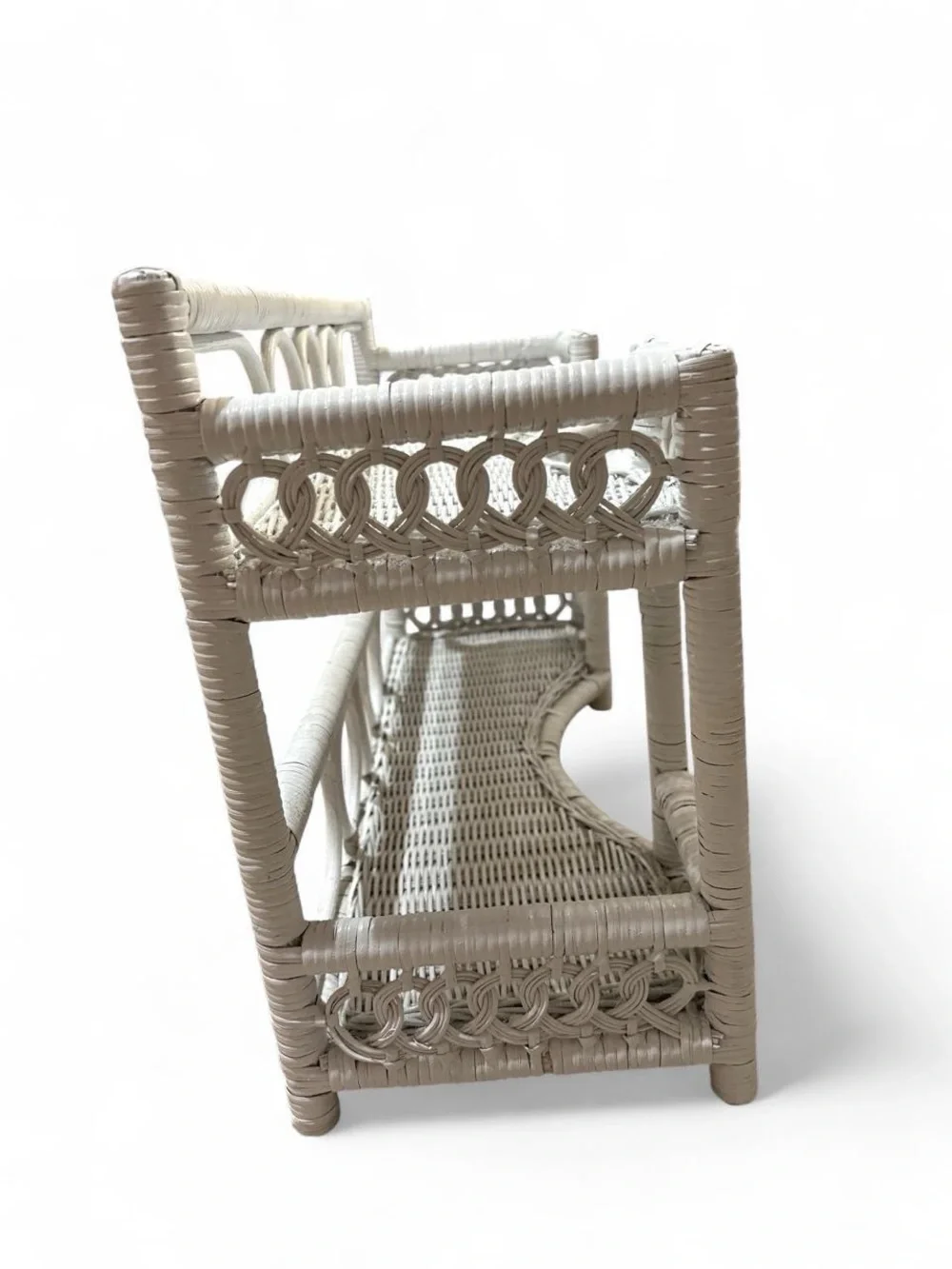 Vintage White Wicker Wall Shelf 2Tier Boho Rattan Hanging Display Rack Circles